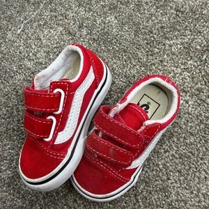 Kids Red Velcro Vans - Classic Stripe Design